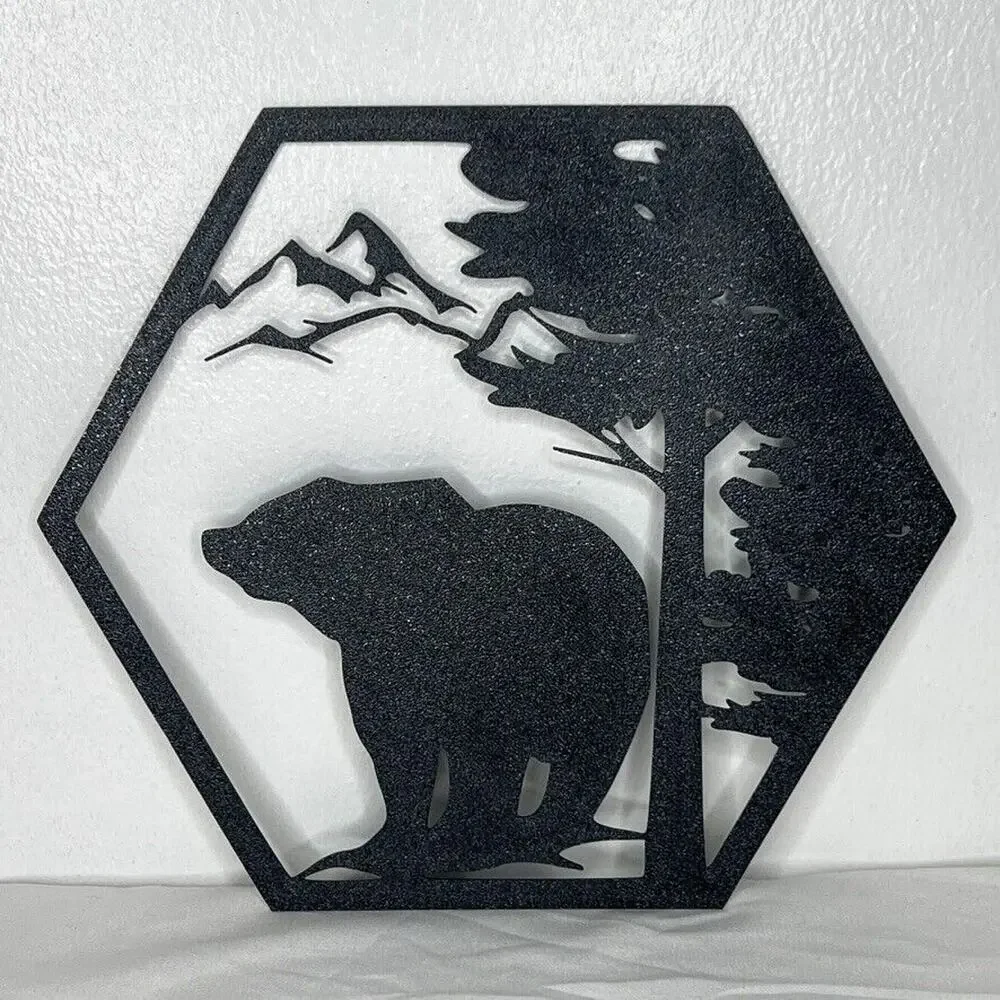 Set 4 Plastic Wall Art Decor Rustic Wildlife Hexagon Silhouettes Bear Wolf Elk